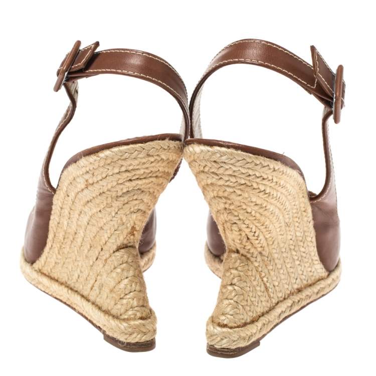 Pre Owned Christian Louboutin Brown Leather You Love Slingback Espadrille Wedge Sandals Size 39