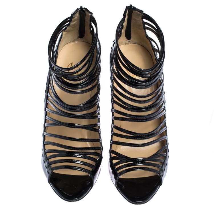 Pre Owned Christian Louboutin Black Patent Leather Caged Open Toe Sandals Size 38.5