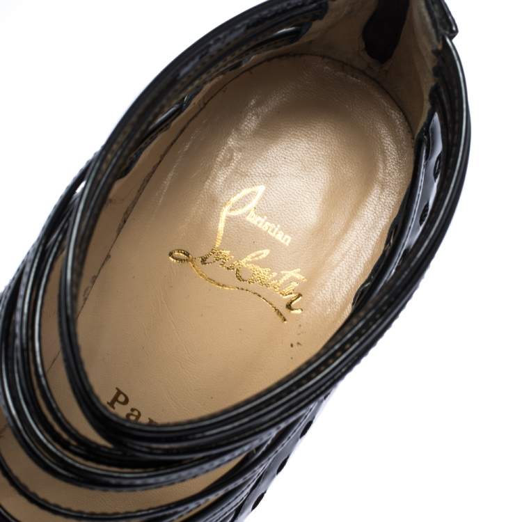 Pre Owned Christian Louboutin Black Patent Leather Caged Open Toe Sandals Size 38.5