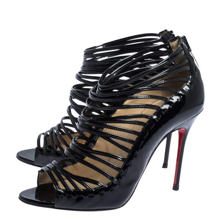 Pre Owned Christian Louboutin Black Patent Leather Caged Open Toe Sandals Size 38.5
