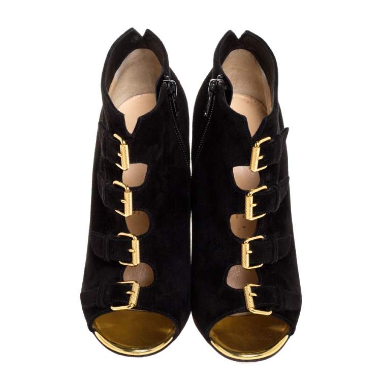 Pre Owned Christian Louboutin Black Suede Gold Buckle Detail Open Toe Booties Size 36.5