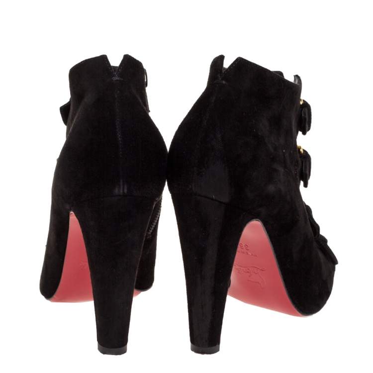 Pre Owned Christian Louboutin Black Suede Gold Buckle Detail Open Toe Booties Size 36.5