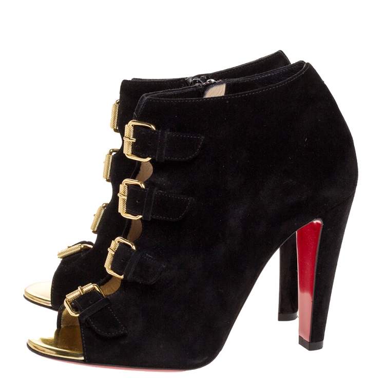 Pre Owned Christian Louboutin Black Suede Gold Buckle Detail Open Toe Booties Size 36.5
