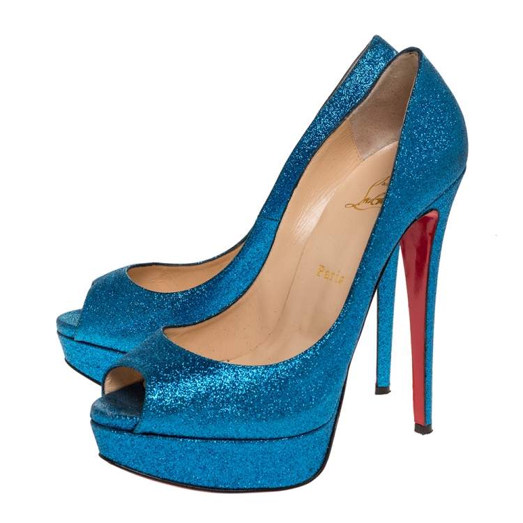Pre Owned Christian Louboutin Blue Glitter Lady Peep Toe Platform Pumps Size 39
