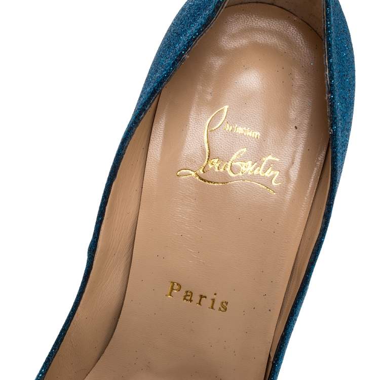 Pre Owned Christian Louboutin Blue Glitter Lady Peep Toe Platform Pumps Size 39