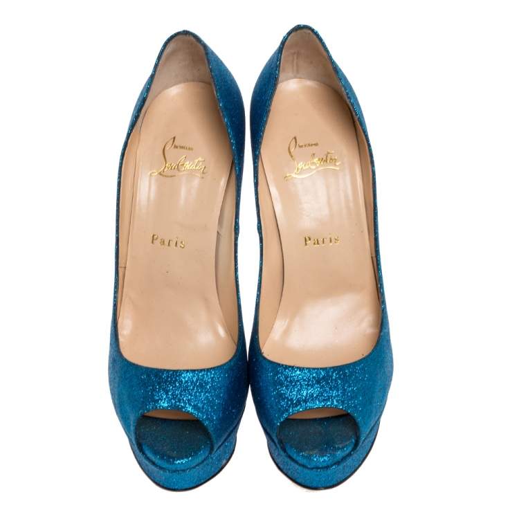 Pre Owned Christian Louboutin Blue Glitter Lady Peep Toe Platform Pumps Size 39