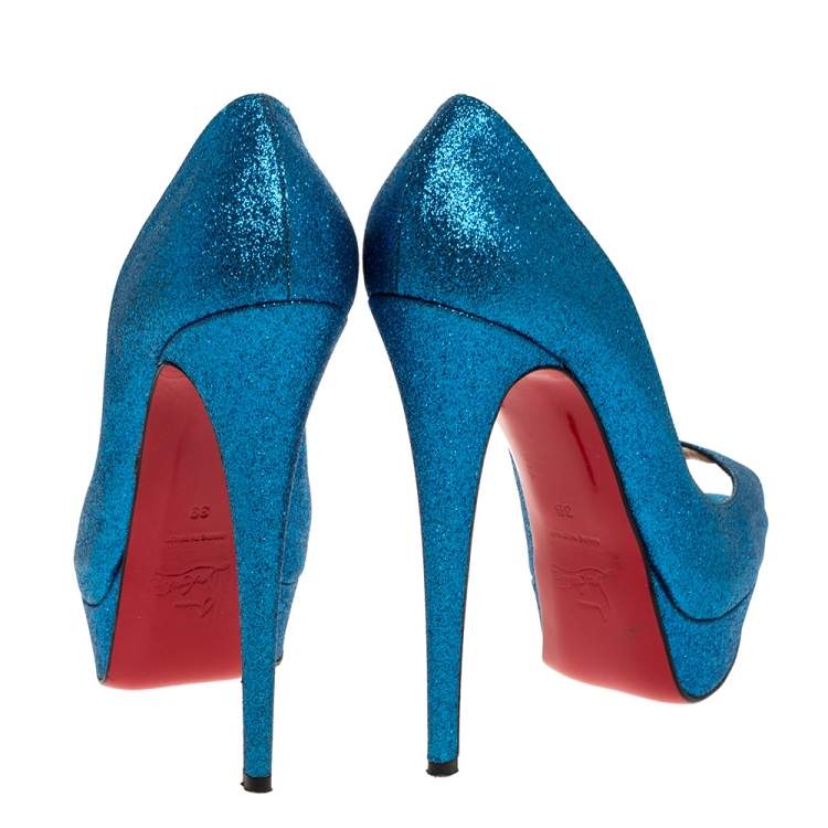 Pre Owned Christian Louboutin Blue Glitter Lady Peep Toe Platform Pumps Size 39