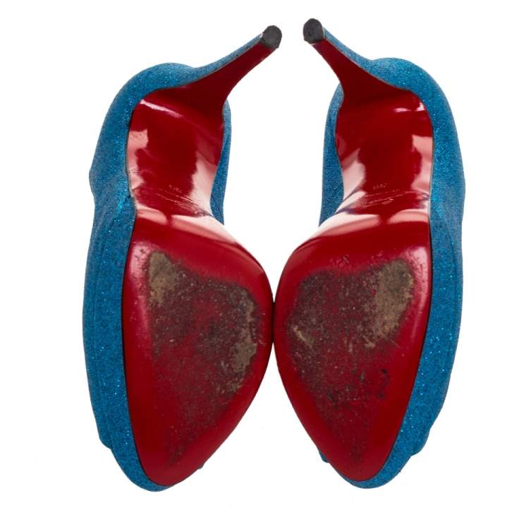 Pre Owned Christian Louboutin Blue Glitter Lady Peep Toe Platform Pumps Size 39