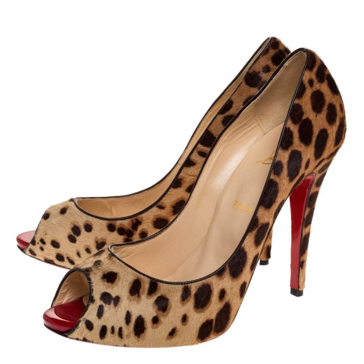 Pre Owned Christian Louboutin Leopard Print Pony Hair Flo Peep Toe Pumps Size 42