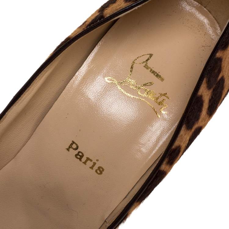 Pre Owned Christian Louboutin Leopard Print Pony Hair Flo Peep Toe Pumps Size 42