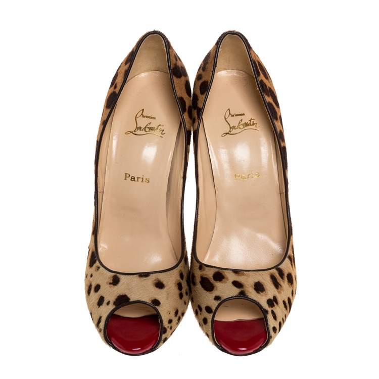 Pre Owned Christian Louboutin Leopard Print Pony Hair Flo Peep Toe Pumps Size 42