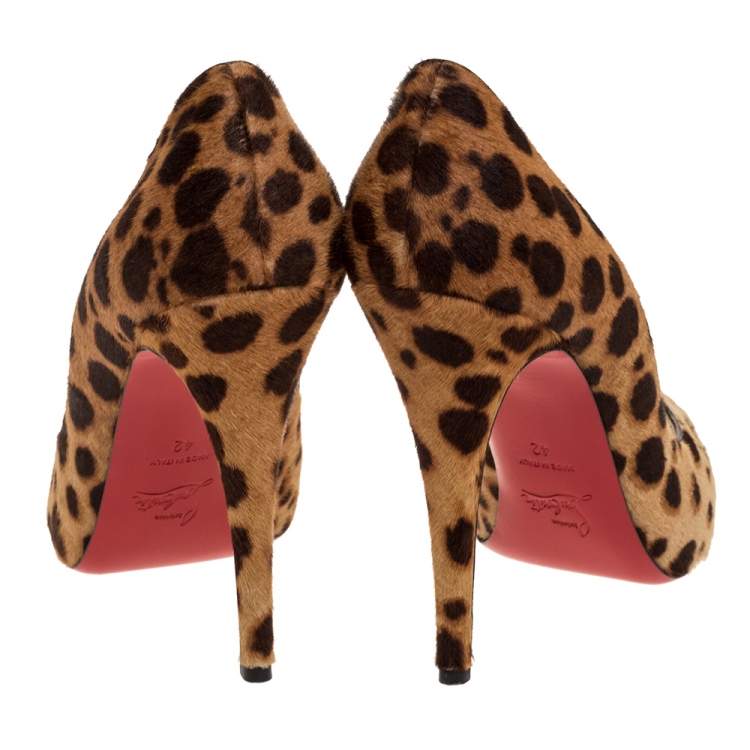 Pre Owned Christian Louboutin Leopard Print Pony Hair Flo Peep Toe Pumps Size 42
