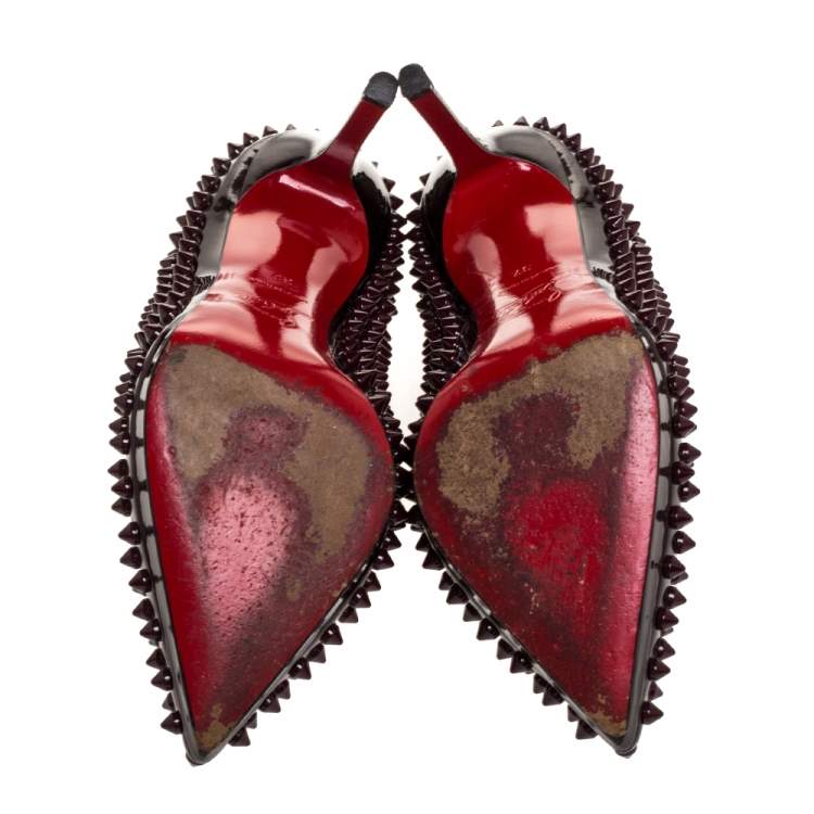 Pre Owned Christian Louboutin Burgundy Patent Leather Pigalle Plato Spikes Pumps Size 37