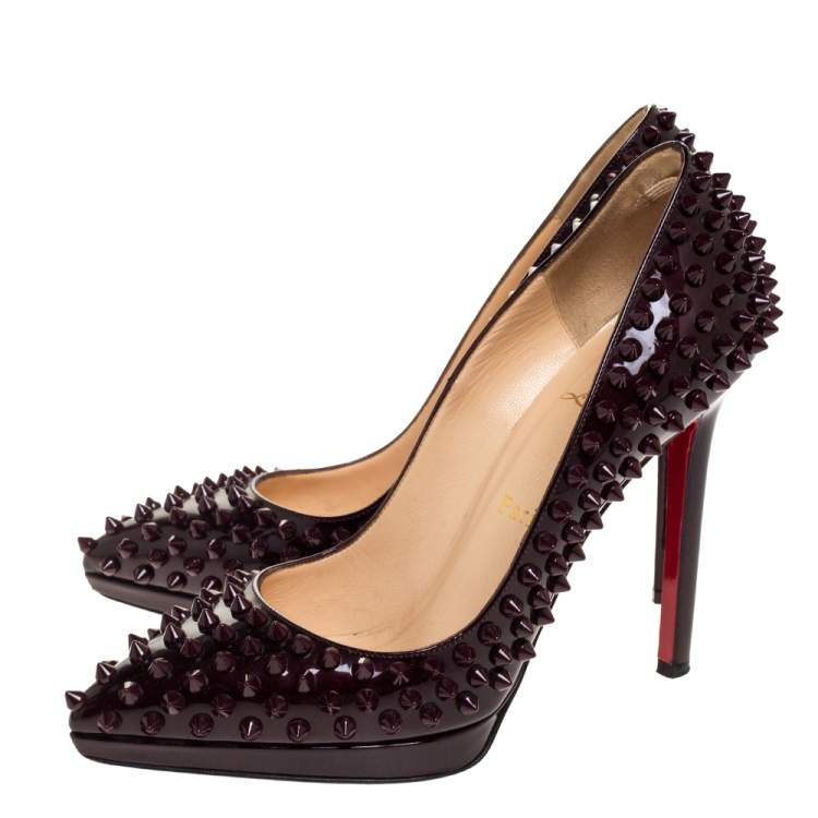 Pre Owned Christian Louboutin Burgundy Patent Leather Pigalle Plato Spikes Pumps Size 37