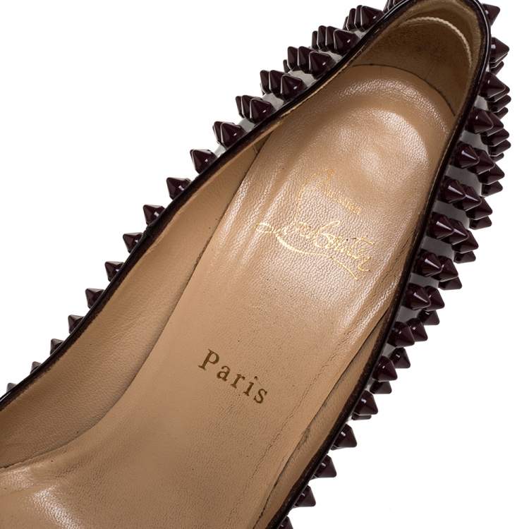 Pre Owned Christian Louboutin Burgundy Patent Leather Pigalle Plato Spikes Pumps Size 37