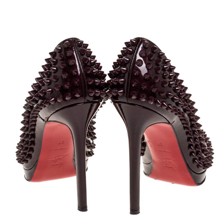 Pre Owned Christian Louboutin Burgundy Patent Leather Pigalle Plato Spikes Pumps Size 37