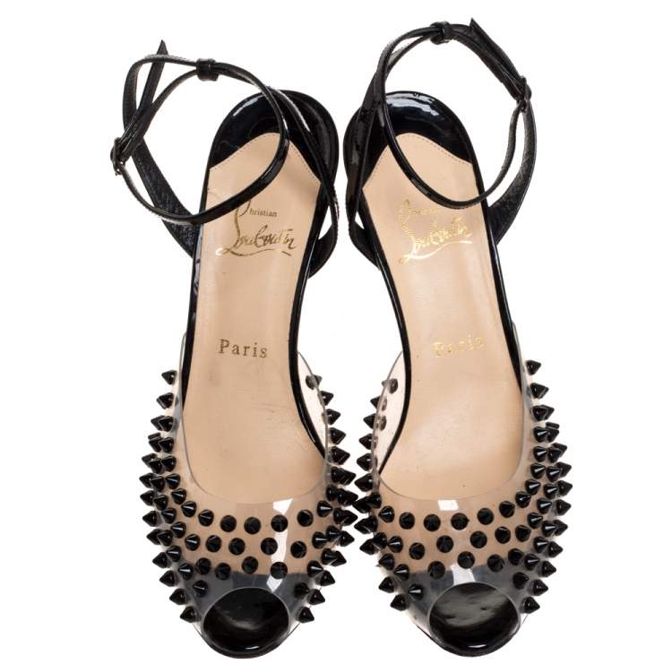 Pre Owned Christian Louboutin Black Patent Leather and PVC Spiked Ankle Strap Sandals Size 39.5