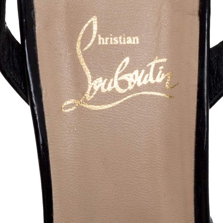 Pre Owned Christian Louboutin Black Patent Leather and PVC Spiked Ankle Strap Sandals Size 39.5
