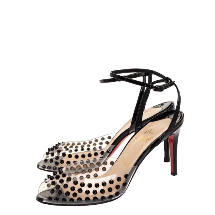 Pre Owned Christian Louboutin Black Patent Leather and PVC Spiked Ankle Strap Sandals Size 39.5