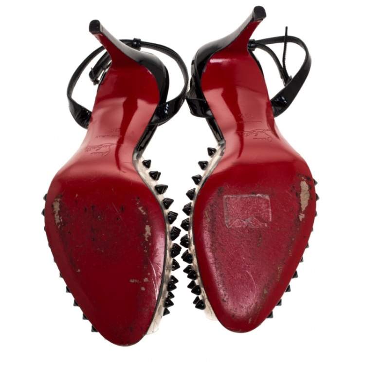 Pre Owned Christian Louboutin Black Patent Leather and PVC Spiked Ankle Strap Sandals Size 39.5