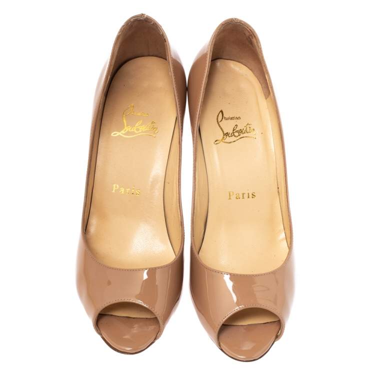 Pre Owned Christian Louboutin Beige Patent Leather Yootish Peep Toe Pumps Size 36.5