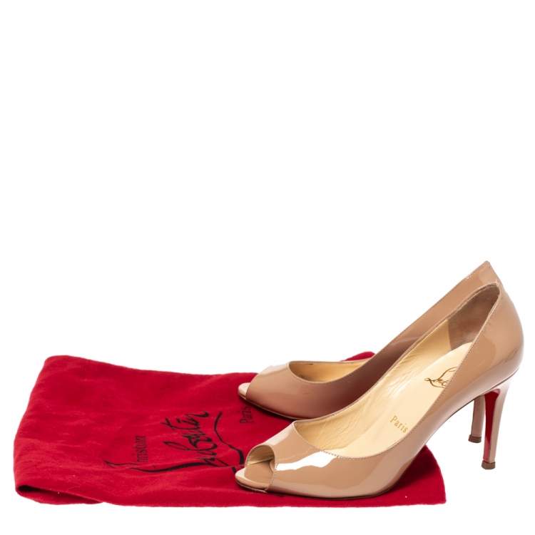 Pre Owned Christian Louboutin Beige Patent Leather Yootish Peep Toe Pumps Size 36.5