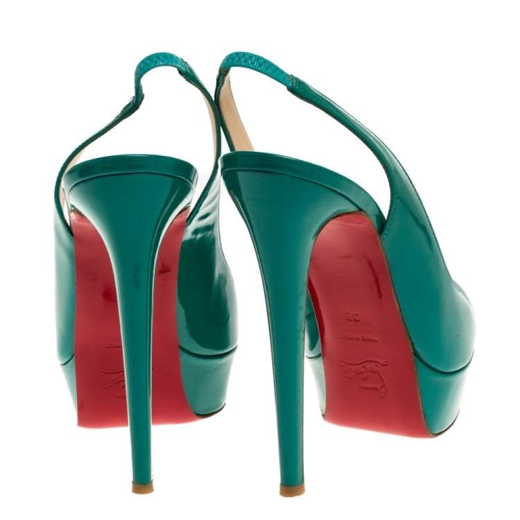 Pre Owned Christian Louboutin Green Patent Leather Bianca Platform Slingback Sandals Size 38