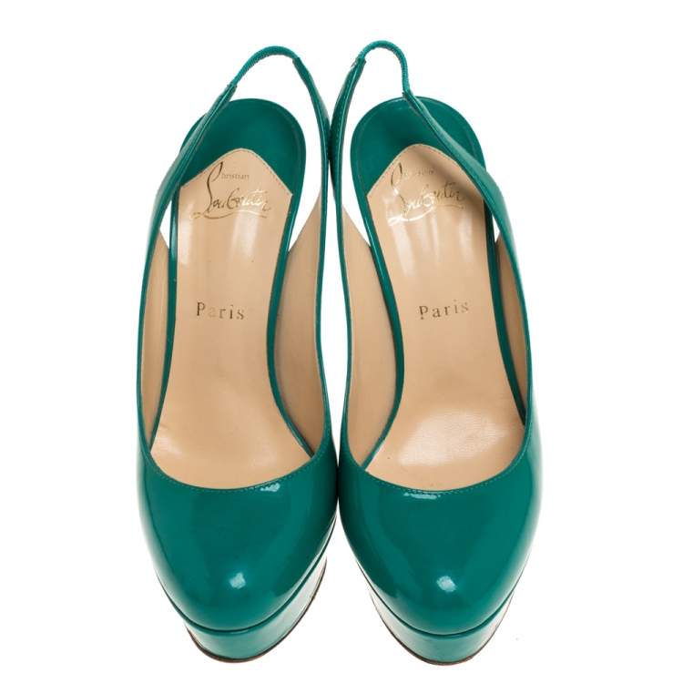 Pre Owned Christian Louboutin Green Patent Leather Bianca Platform Slingback Sandals Size 38
