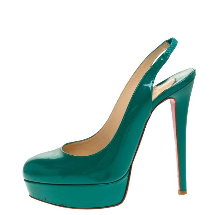 Pre Owned Christian Louboutin Green Patent Leather Bianca Platform Slingback Sandals Size 38