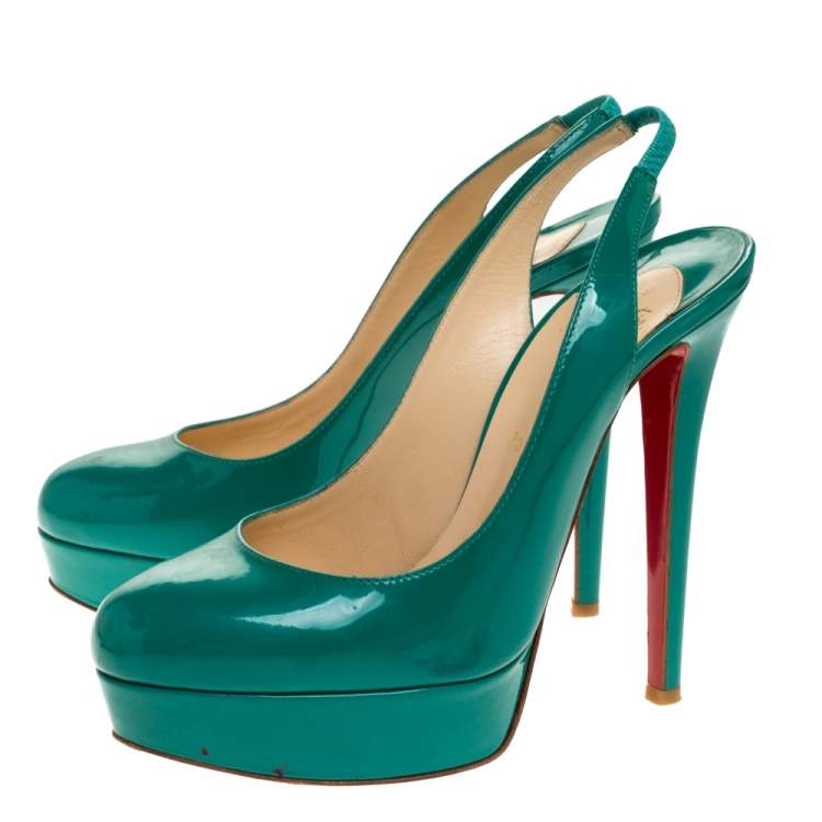 Pre Owned Christian Louboutin Green Patent Leather Bianca Platform Slingback Sandals Size 38