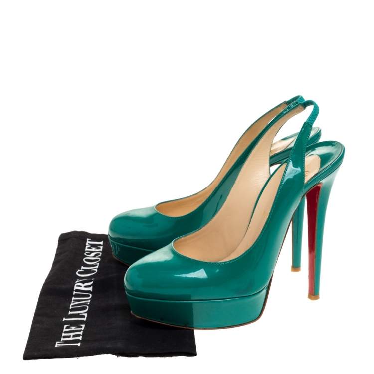 Pre Owned Christian Louboutin Green Patent Leather Bianca Platform Slingback Sandals Size 38