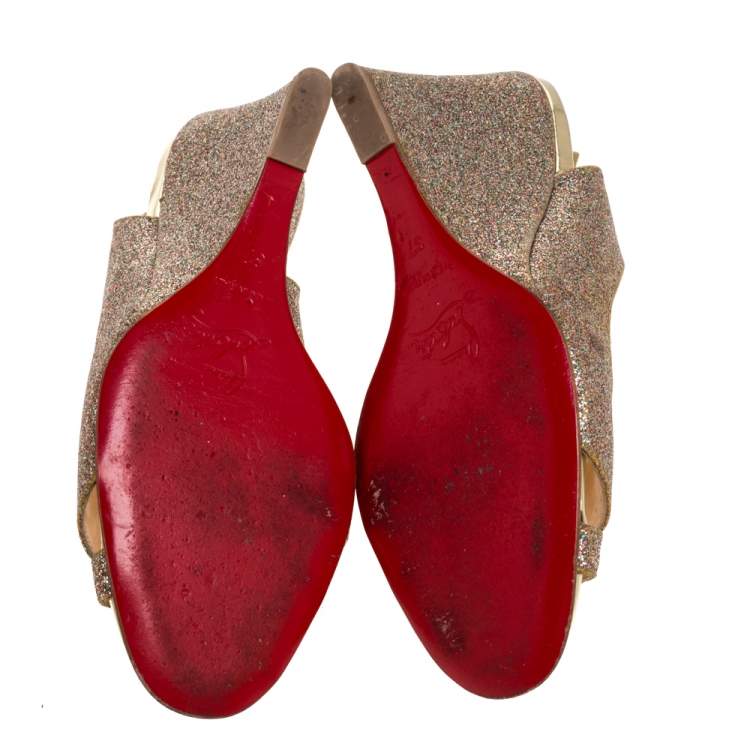 Pre Owned Christian Louboutin Gold Glitters Peep Toe Marpoil Sanzep Wedge Sandals Size 37