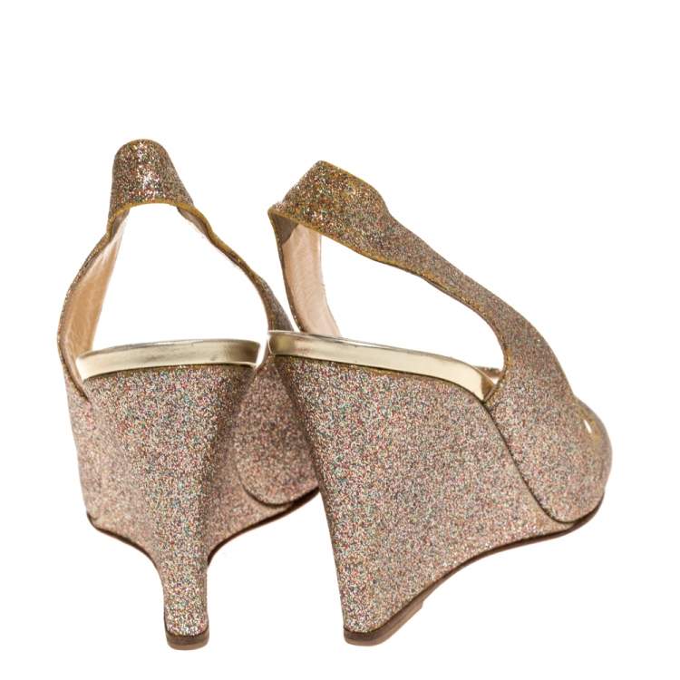 Pre Owned Christian Louboutin Gold Glitters Peep Toe Marpoil Sanzep Wedge Sandals Size 37