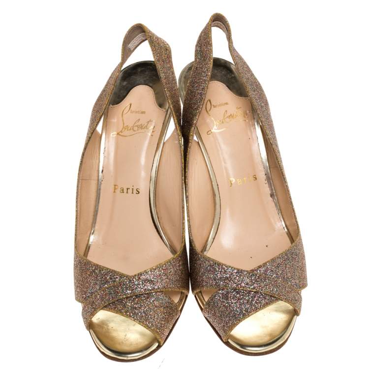 Pre Owned Christian Louboutin Gold Glitters Peep Toe Marpoil Sanzep Wedge Sandals Size 37