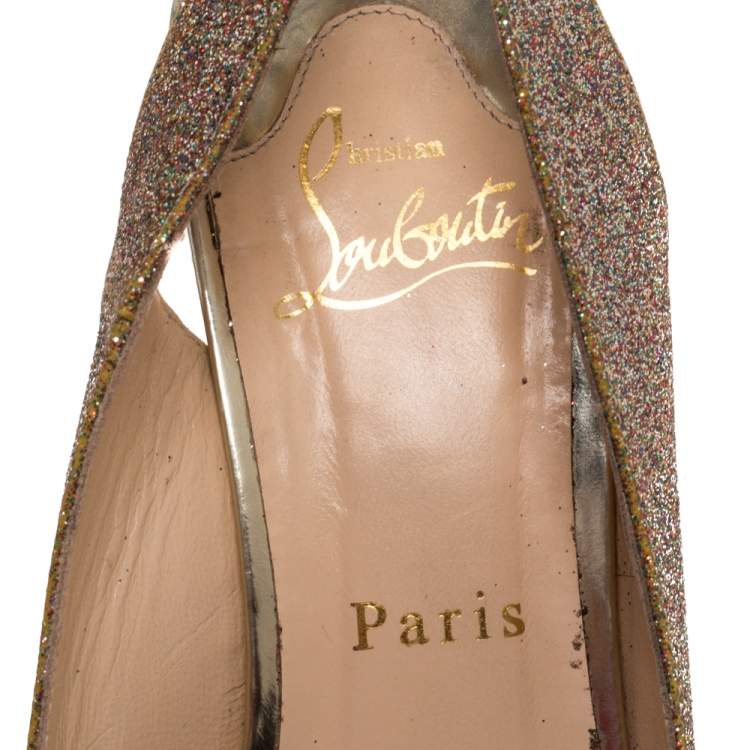 Pre Owned Christian Louboutin Gold Glitters Peep Toe Marpoil Sanzep Wedge Sandals Size 37