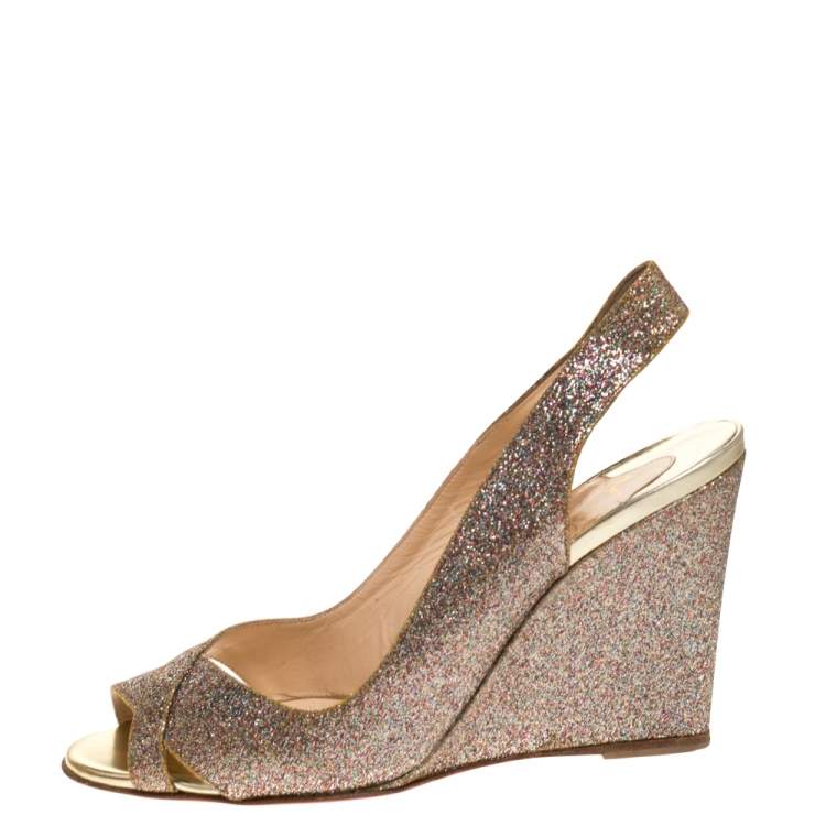 Pre Owned Christian Louboutin Gold Glitters Peep Toe Marpoil Sanzep Wedge Sandals Size 37