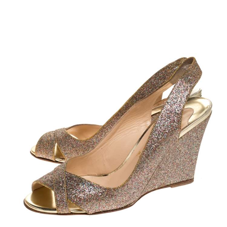 Pre Owned Christian Louboutin Gold Glitters Peep Toe Marpoil Sanzep Wedge Sandals Size 37
