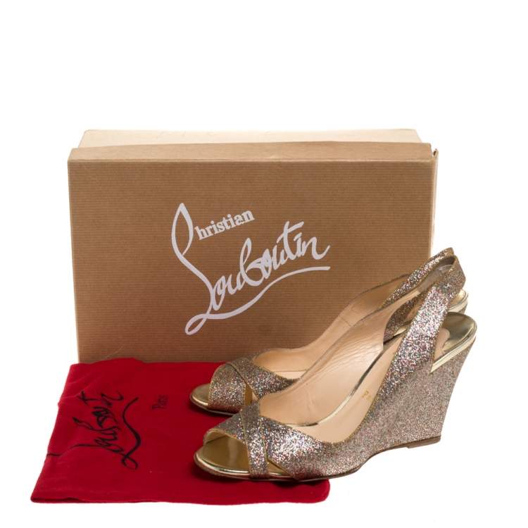 Pre Owned Christian Louboutin Gold Glitters Peep Toe Marpoil Sanzep Wedge Sandals Size 37