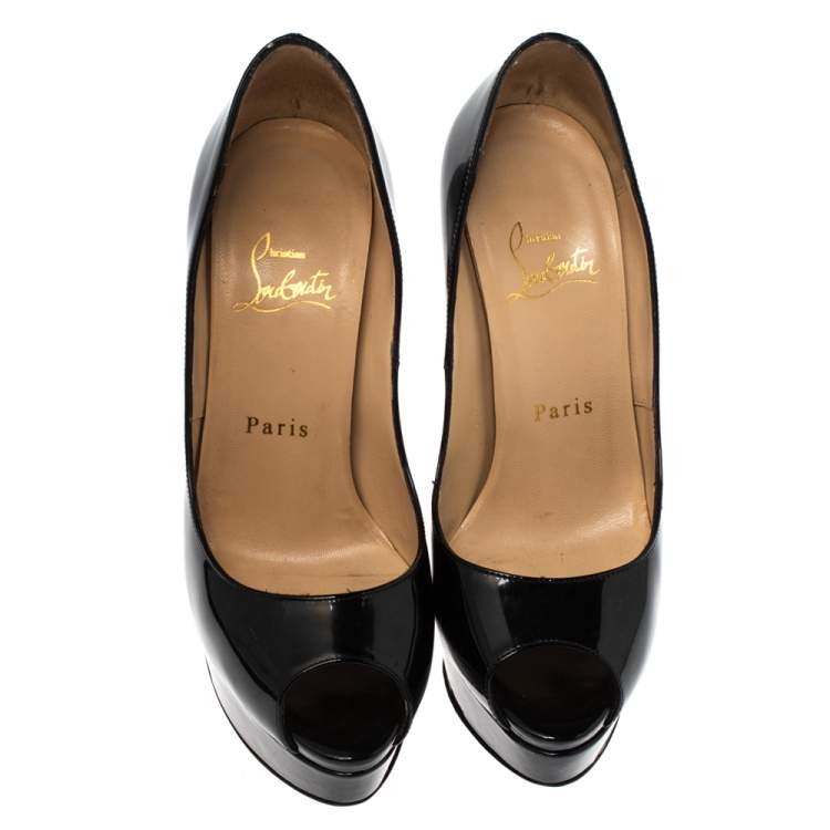 Pre Owned Christian Louboutin Black Patent Leather Lady Peep Toe Platform Pumps Size 36.5