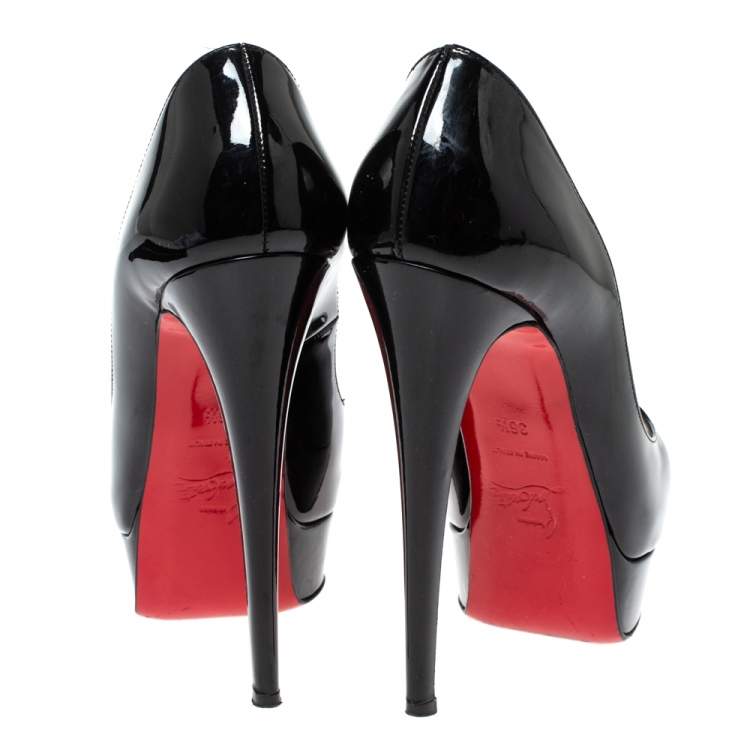 Pre Owned Christian Louboutin Black Patent Leather Lady Peep Toe Platform Pumps Size 36.5