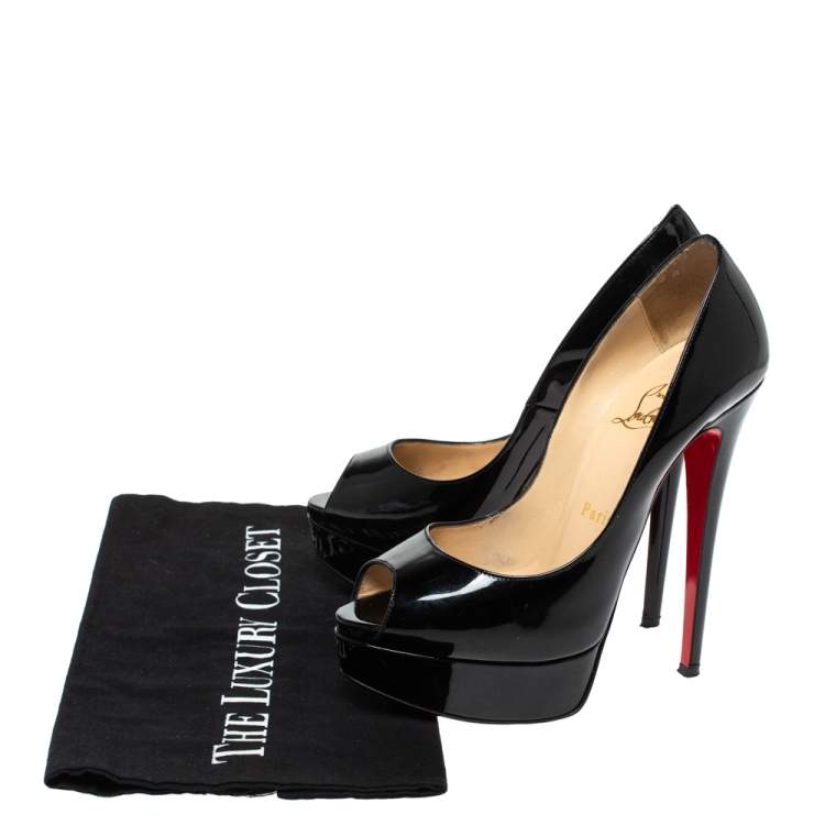 Pre Owned Christian Louboutin Black Patent Leather Lady Peep Toe Platform Pumps Size 36.5