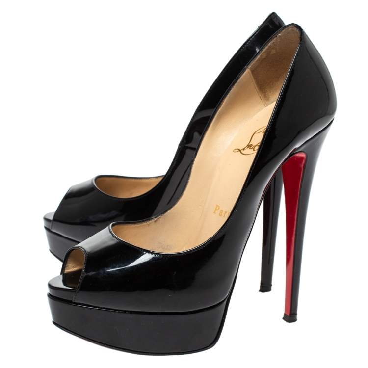 Pre Owned Christian Louboutin Black Patent Leather Lady Peep Toe Platform Pumps Size 36.5