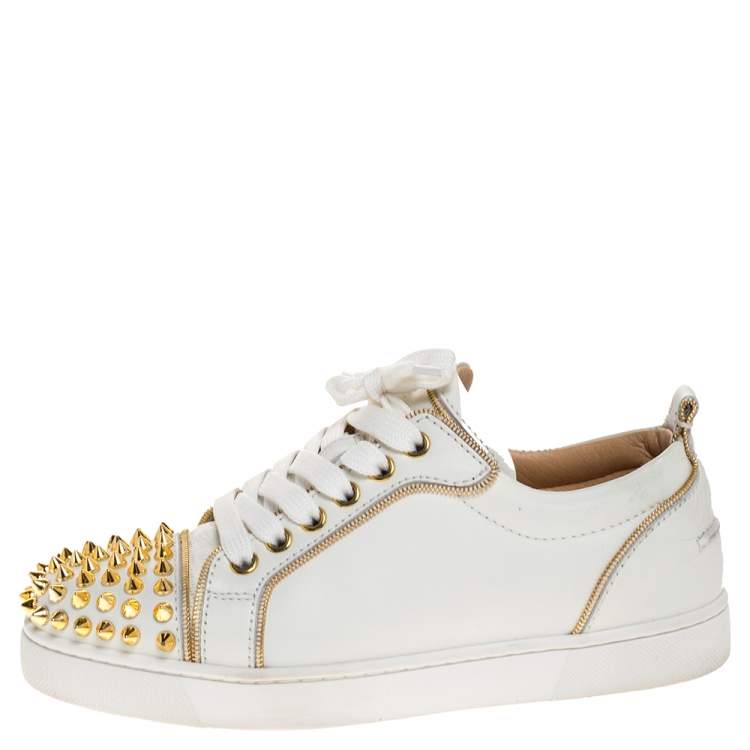 Louboutin White/Gold Leather Louis Junior Spikes Sneakers Size 35 Christian Louboutin TLC
