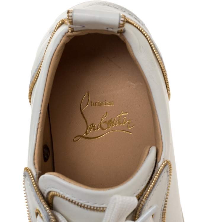 Pre Owned Christian Louboutin White/Gold Leather Louis Junior Spikes Sneakers Size 35