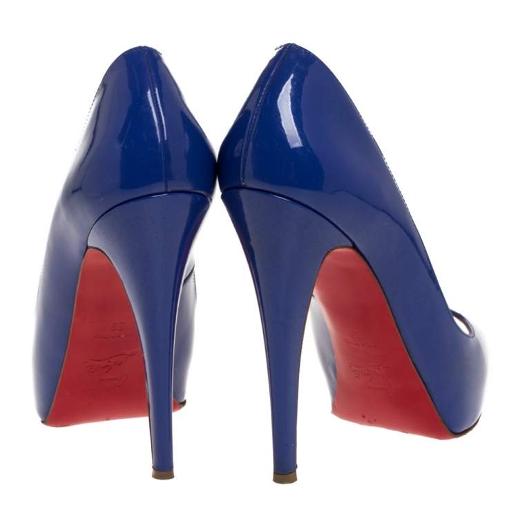 Pre Owned Christian Louboutin Blue Patent Leather Very Prive Platform Peep Toe Pumps Size 39