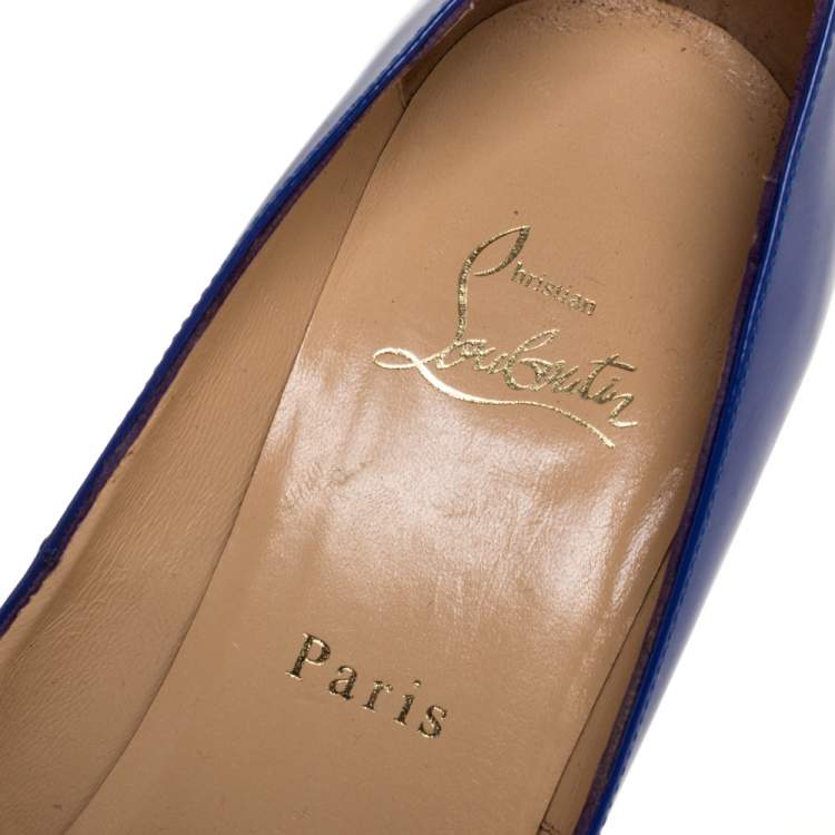 Pre Owned Christian Louboutin Blue Patent Leather Very Prive Platform Peep Toe Pumps Size 39