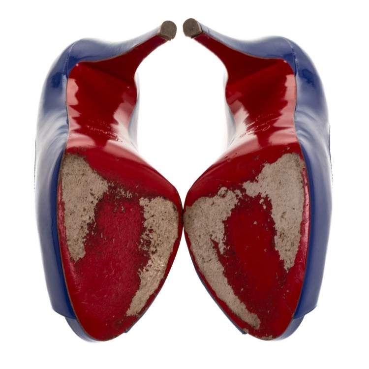 Pre Owned Christian Louboutin Blue Patent Leather Very Prive Platform Peep Toe Pumps Size 39