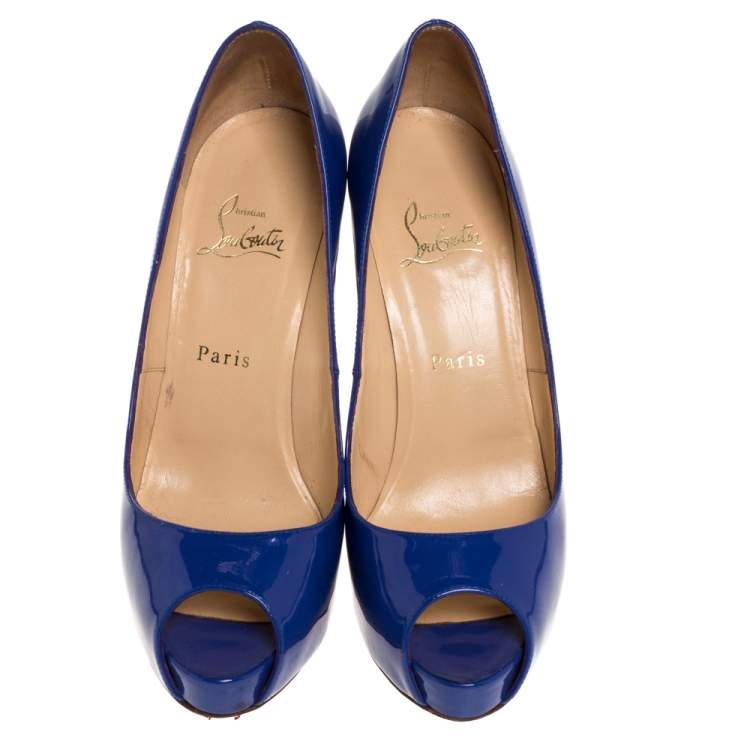 Pre Owned Christian Louboutin Blue Patent Leather Very Prive Platform Peep Toe Pumps Size 39