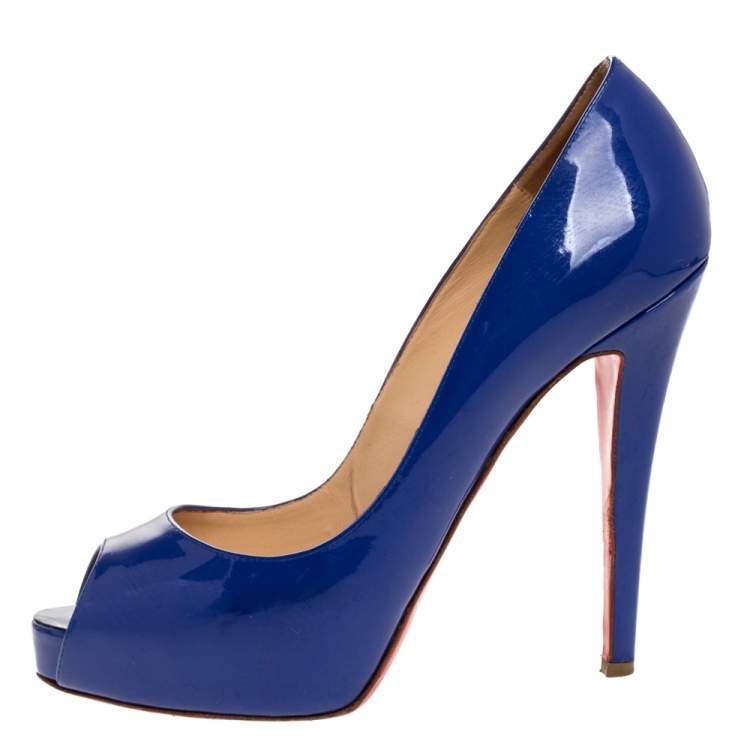 Pre Owned Christian Louboutin Blue Patent Leather Very Prive Platform Peep Toe Pumps Size 39