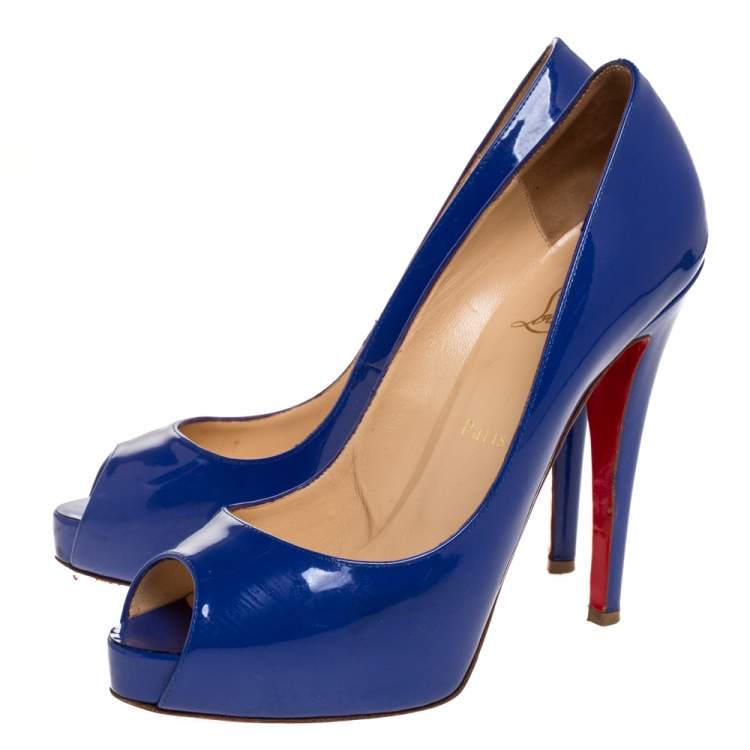 Pre Owned Christian Louboutin Blue Patent Leather Very Prive Platform Peep Toe Pumps Size 39
